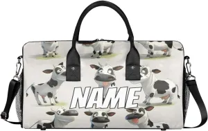 Personalized Funny Cow Travel Duffel Bag with Name, Custom Gym Sport Bag Farmhouse Animal Carry On Weekend Overnight Duffel Bag for Men Women