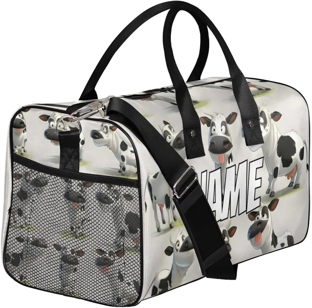 Personalized Funny Cow Travel Duffel Bag with Name, Custom Gym Sport Bag Farmhouse Animal Carry On Weekend Overnight Duffel Bag for Men Women