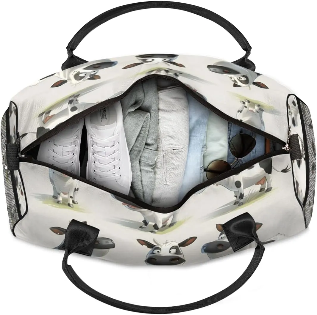 Personalized Funny Cow Travel Duffel Bag with Name, Custom Gym Sport Bag Farmhouse Animal Carry On Weekend Overnight Duffel Bag for Men Women