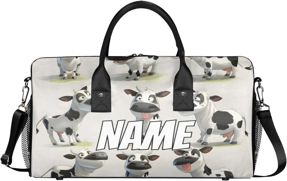 Personalized Funny Cow Travel Duffel Bag with Name, Custom Gym Sport Bag Farmhouse Animal Carry On Weekend Overnight Duffel Bag for Men Women