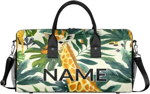 Personalized Funny Giraffe Travel Duffel Bag with Name, Custom Gym Sport Bag African Wild Animal Carry On Weekend Overnight Duffel Bag for Men Women