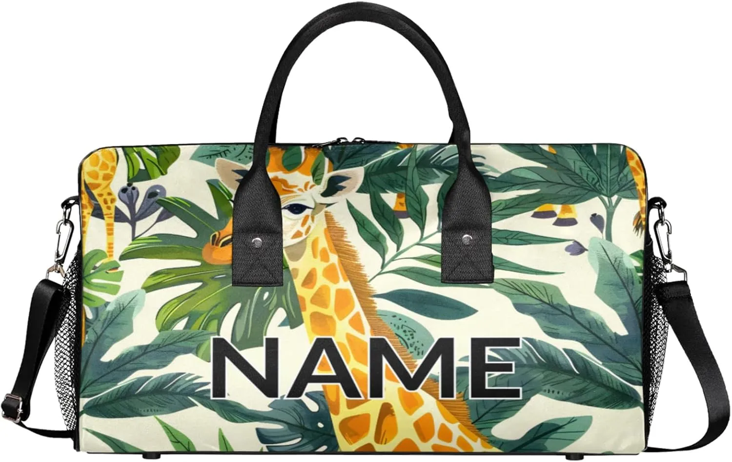 Personalized Funny Giraffe Travel Duffel Bag with Name, Custom Gym Sport Bag African Wild Animal Carry On Weekend Overnight Duffel Bag for Men Women