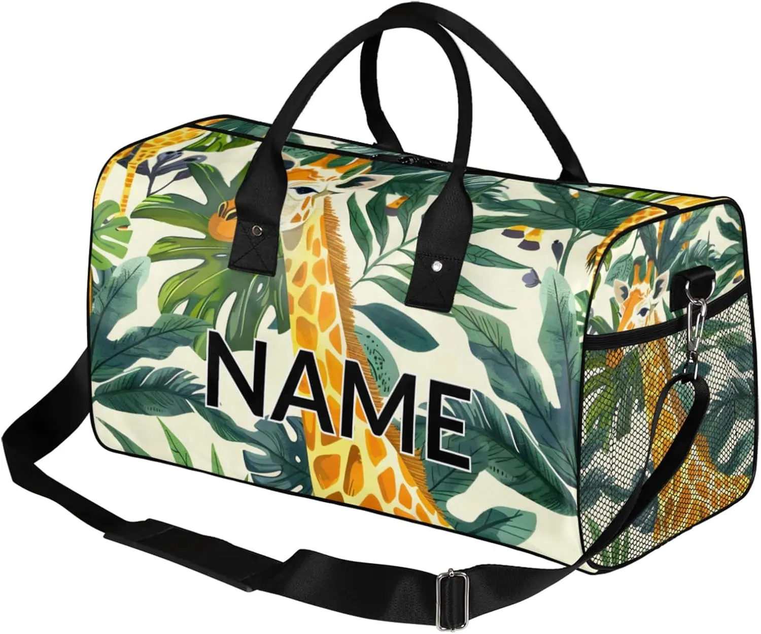 Personalized Funny Giraffe Travel Duffel Bag with Name, Custom Gym Sport Bag African Wild Animal Carry On Weekend Overnight Duffel Bag for Men Women