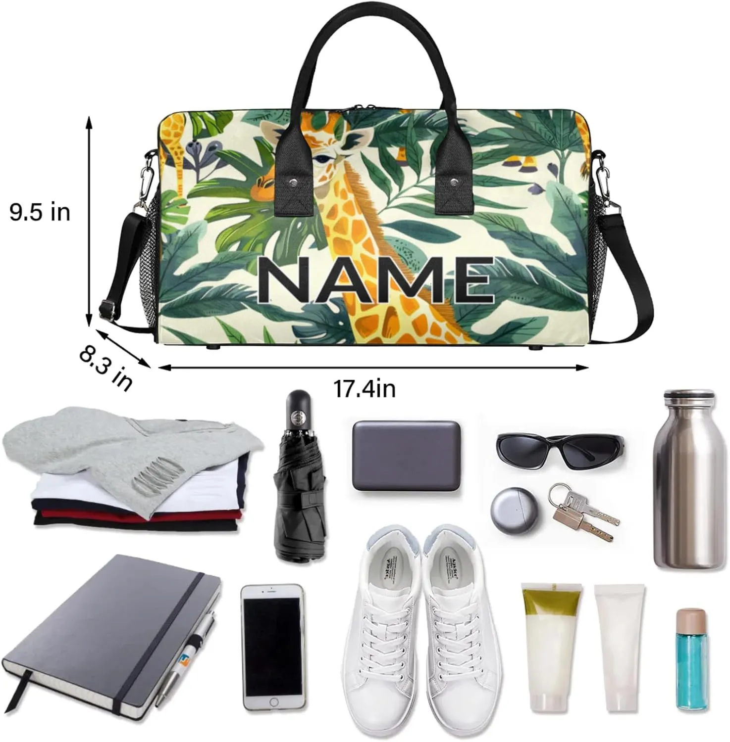 Personalized Funny Giraffe Travel Duffel Bag with Name, Custom Gym Sport Bag African Wild Animal Carry On Weekend Overnight Duffel Bag for Men Women