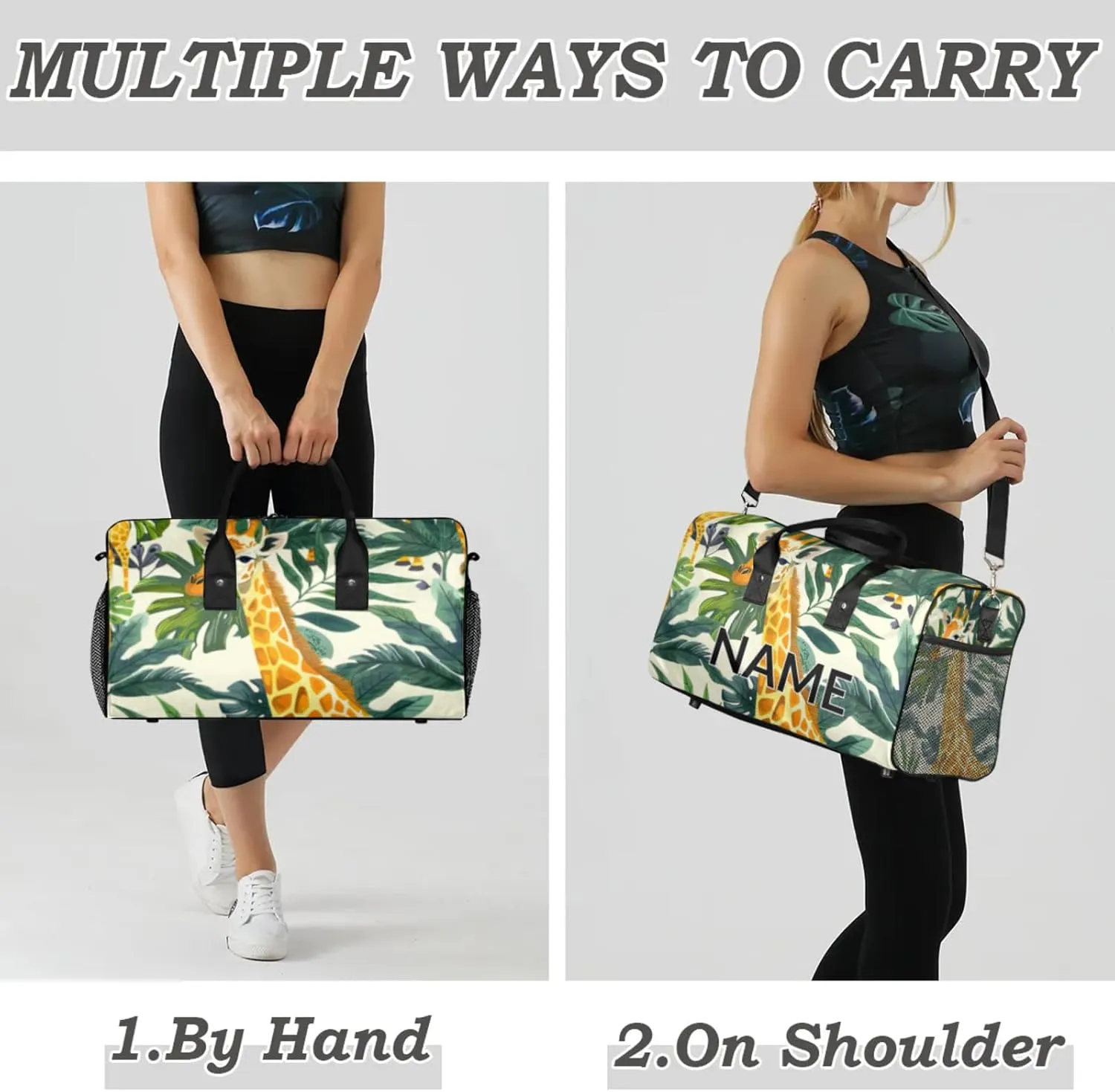 Personalized Funny Giraffe Travel Duffel Bag with Name, Custom Gym Sport Bag African Wild Animal Carry On Weekend Overnight Duffel Bag for Men Women