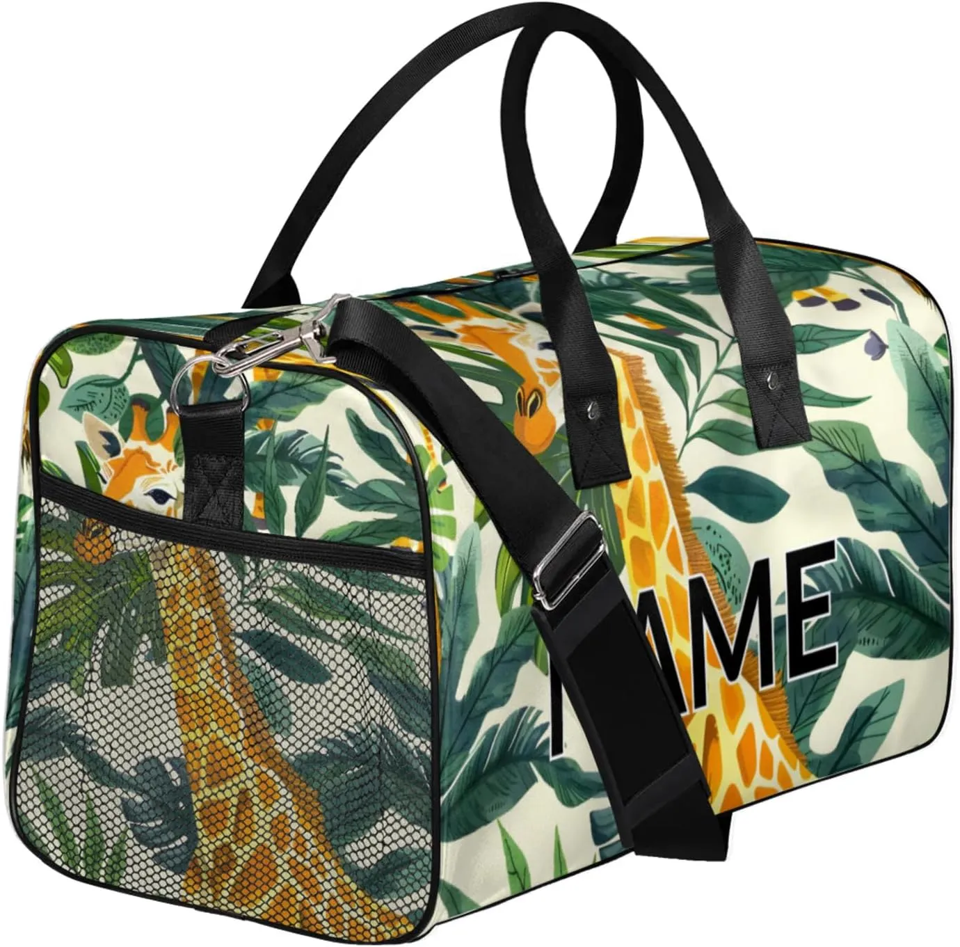 Personalized Funny Giraffe Travel Duffel Bag with Name, Custom Gym Sport Bag African Wild Animal Carry On Weekend Overnight Duffel Bag for Men Women