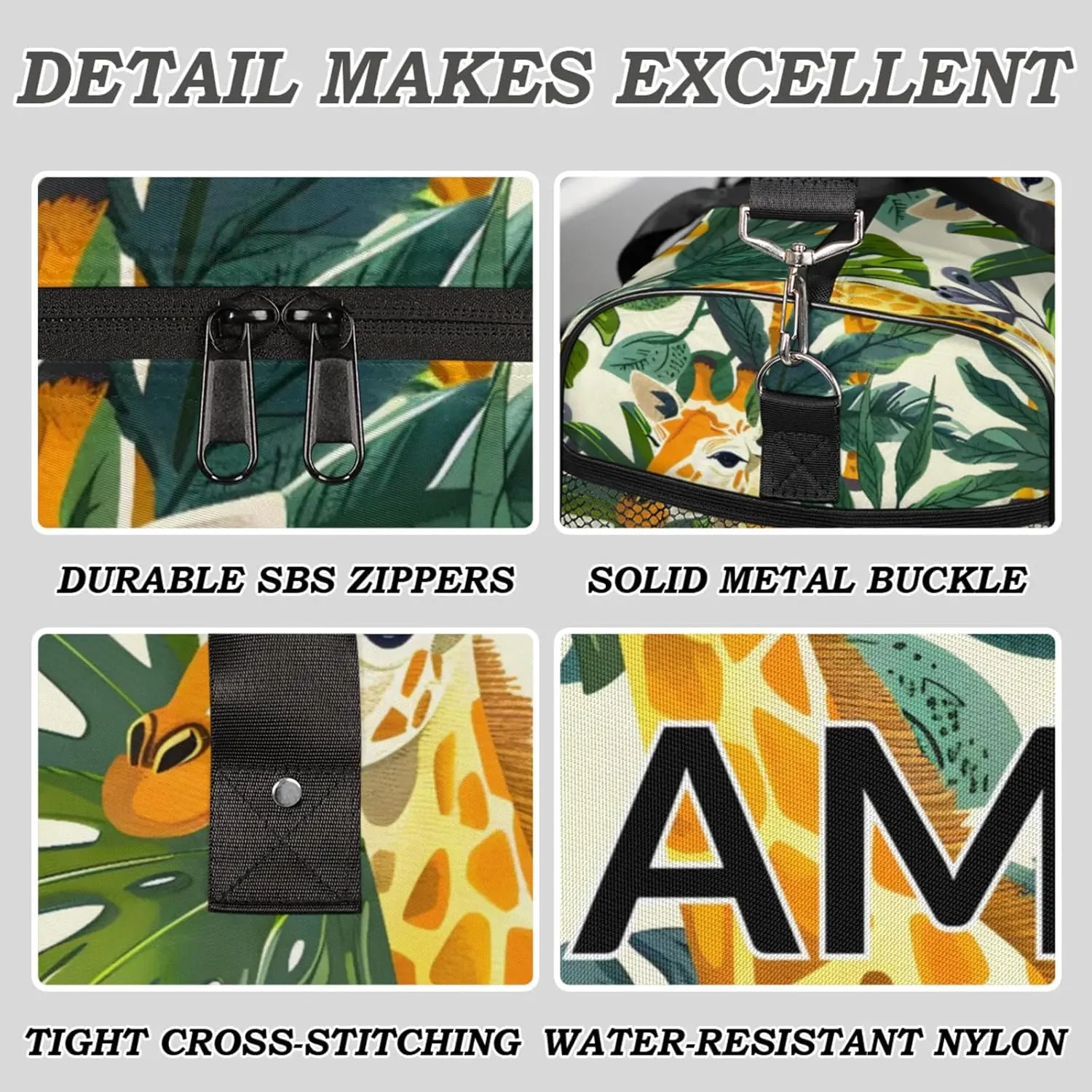 Personalized Funny Giraffe Travel Duffel Bag with Name, Custom Gym Sport Bag African Wild Animal Carry On Weekend Overnight Duffel Bag for Men Women
