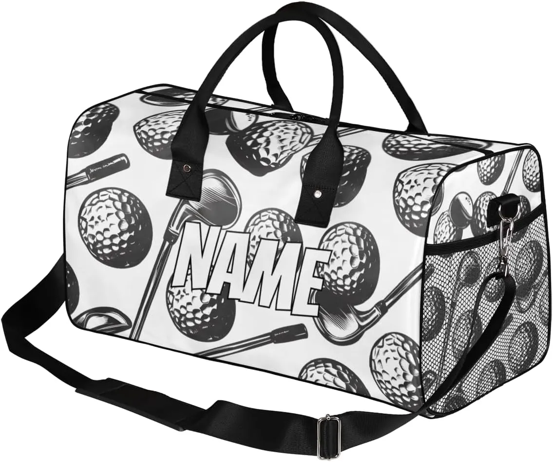 Personalized Golf Ball Travel Duffel Bag with Name, Custom Gym Sport Bag Watercolor Black Carry On Weekend Overnight Duffel Bag for Men Women