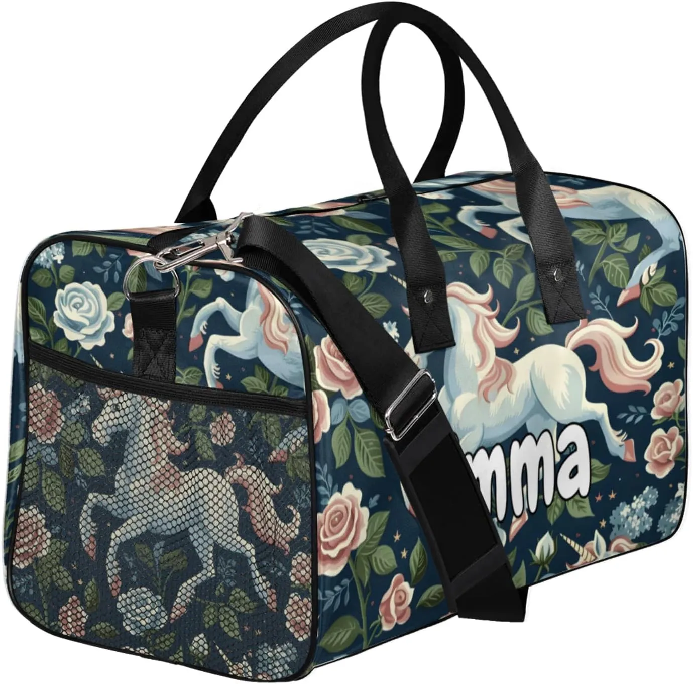 Personalized Horse Floral Travel Duffel Bag with Name, Custom Gym Sport Bag Farm Animal Pets Flowers Carry On Weekend Overnight Duffel Bag for Men Women