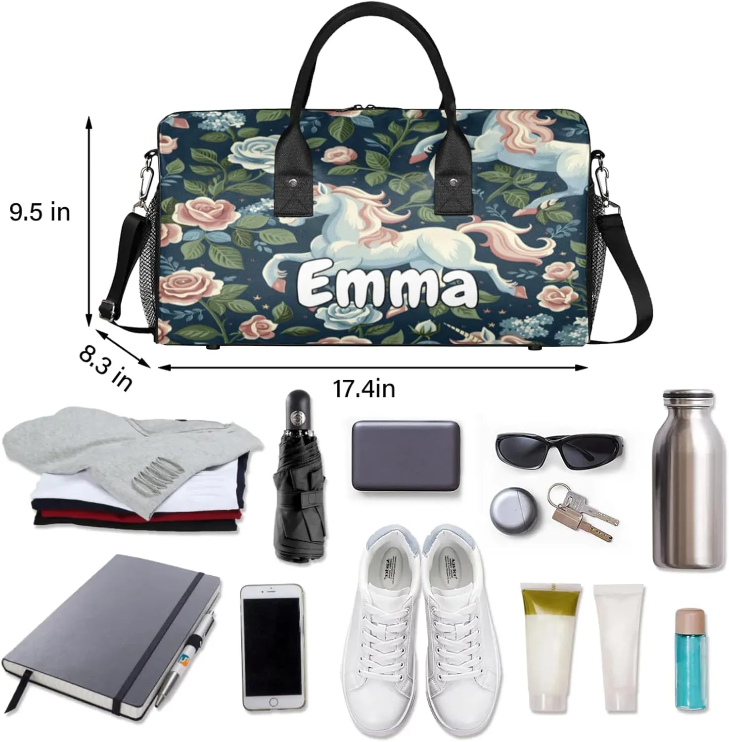 Personalized Horse Floral Travel Duffel Bag with Name, Custom Gym Sport Bag Farm Animal Pets Flowers Carry On Weekend Overnight Duffel Bag for Men Women