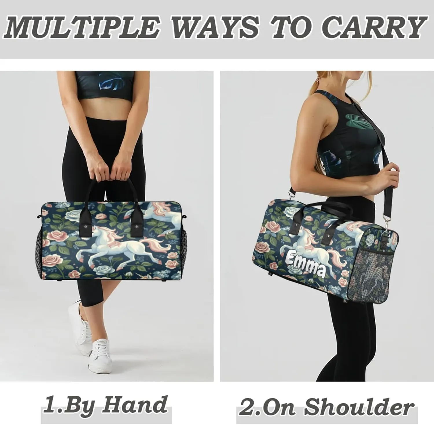 Personalized Horse Floral Travel Duffel Bag with Name, Custom Gym Sport Bag Farm Animal Pets Flowers Carry On Weekend Overnight Duffel Bag for Men Women