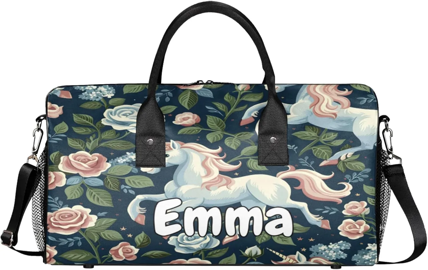 Personalized Horse Floral Travel Duffel Bag with Name, Custom Gym Sport Bag Farm Animal Pets Flowers Carry On Weekend Overnight Duffel Bag for Men Women