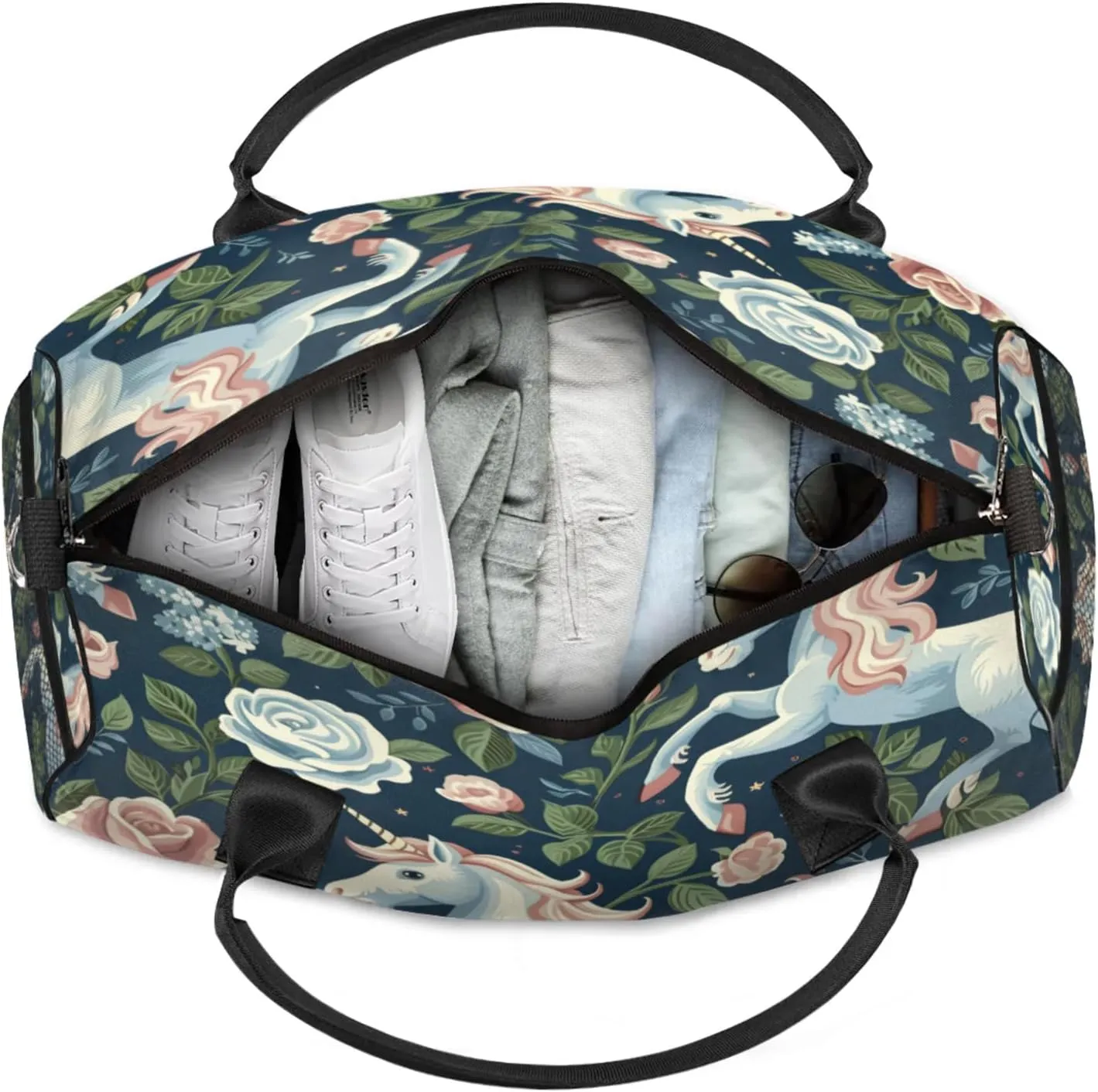 Personalized Horse Floral Travel Duffel Bag with Name, Custom Gym Sport Bag Farm Animal Pets Flowers Carry On Weekend Overnight Duffel Bag for Men Women
