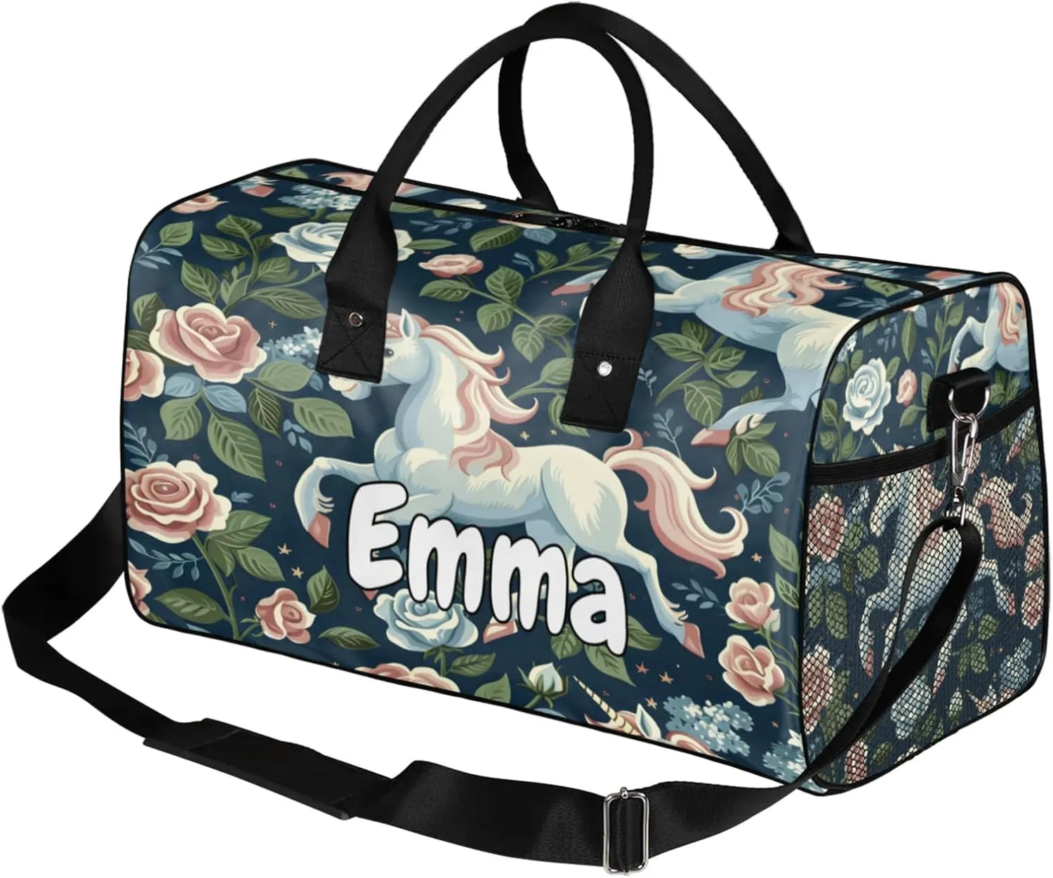 Personalized Horse Floral Travel Duffel Bag with Name, Custom Gym Sport Bag Farm Animal Pets Flowers Carry On Weekend Overnight Duffel Bag for Men Women