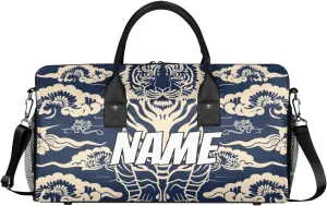 Personalized Japanese Tigers Travel Duffel Bag with Name, Custom Gym Sport Bag Retro Animal Carry On Weekend Overnight Duffel Bag for Men Women