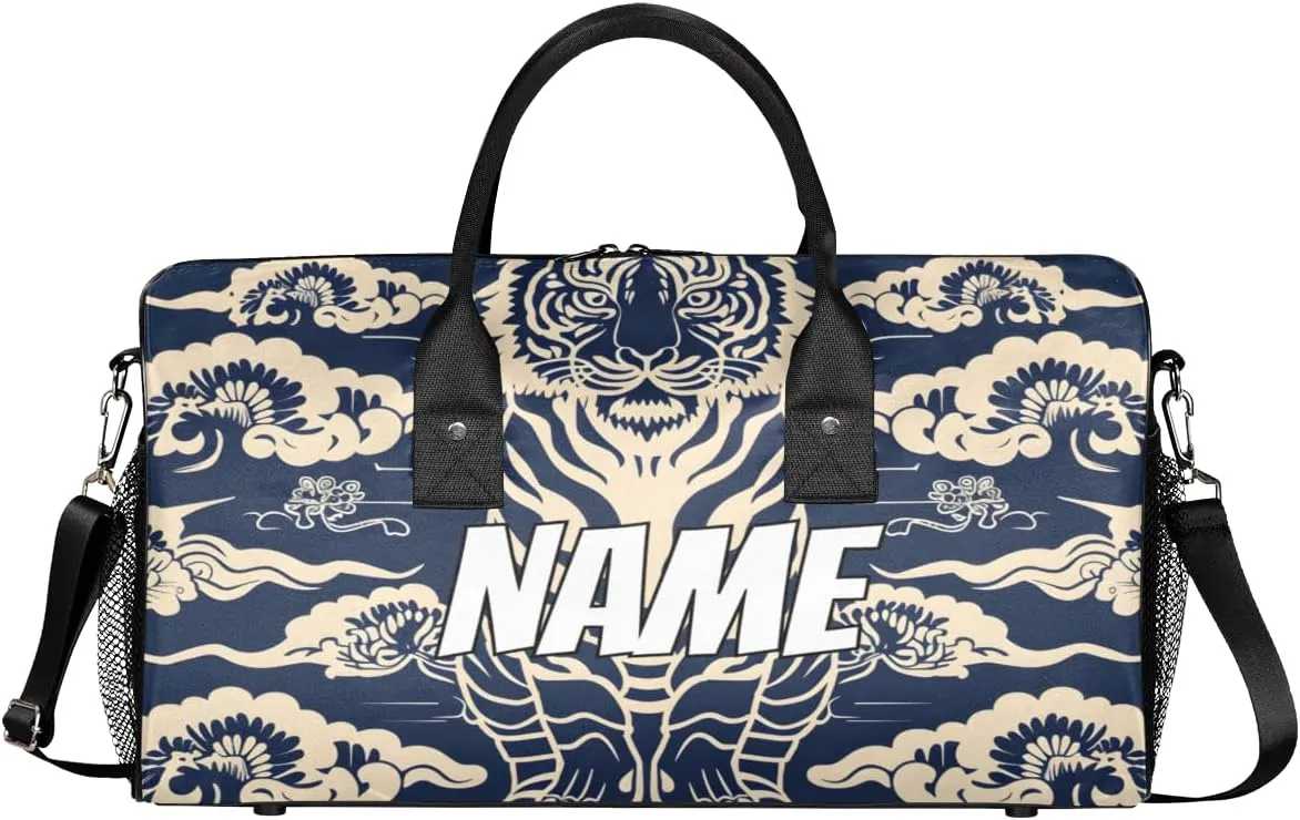 Personalized Japanese Tigers Travel Duffel Bag with Name, Custom Gym Sport Bag Retro Animal Carry On Weekend Overnight Duffel Bag for Men Women