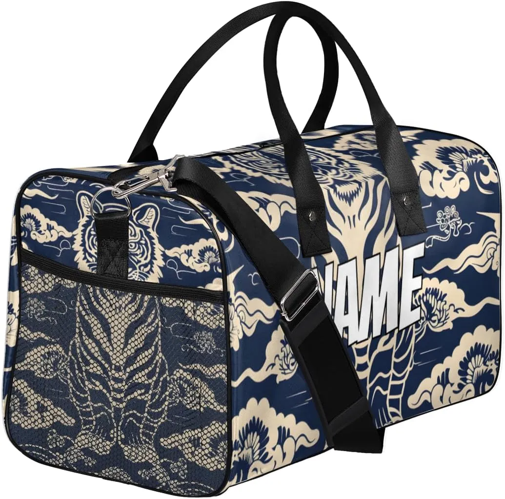 Personalized Japanese Tigers Travel Duffel Bag with Name, Custom Gym Sport Bag Retro Animal Carry On Weekend Overnight Duffel Bag for Men Women