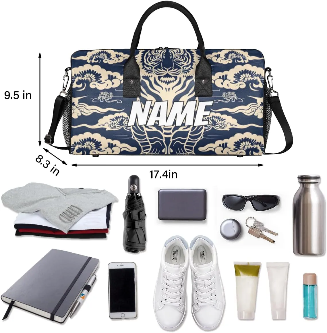 Personalized Japanese Tigers Travel Duffel Bag with Name, Custom Gym Sport Bag Retro Animal Carry On Weekend Overnight Duffel Bag for Men Women