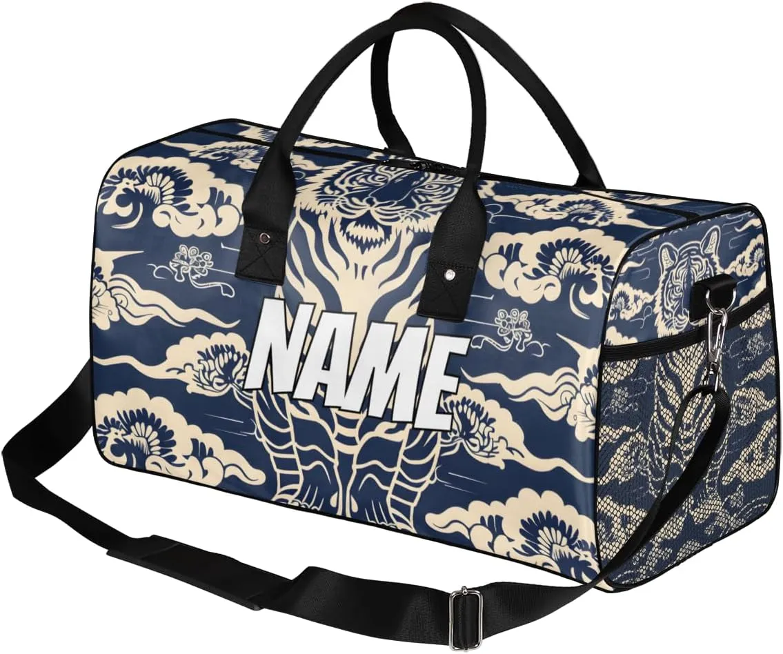 Personalized Japanese Tigers Travel Duffel Bag with Name, Custom Gym Sport Bag Retro Animal Carry On Weekend Overnight Duffel Bag for Men Women