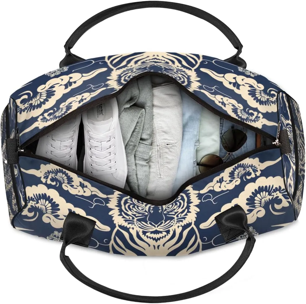 Personalized Japanese Tigers Travel Duffel Bag with Name, Custom Gym Sport Bag Retro Animal Carry On Weekend Overnight Duffel Bag for Men Women