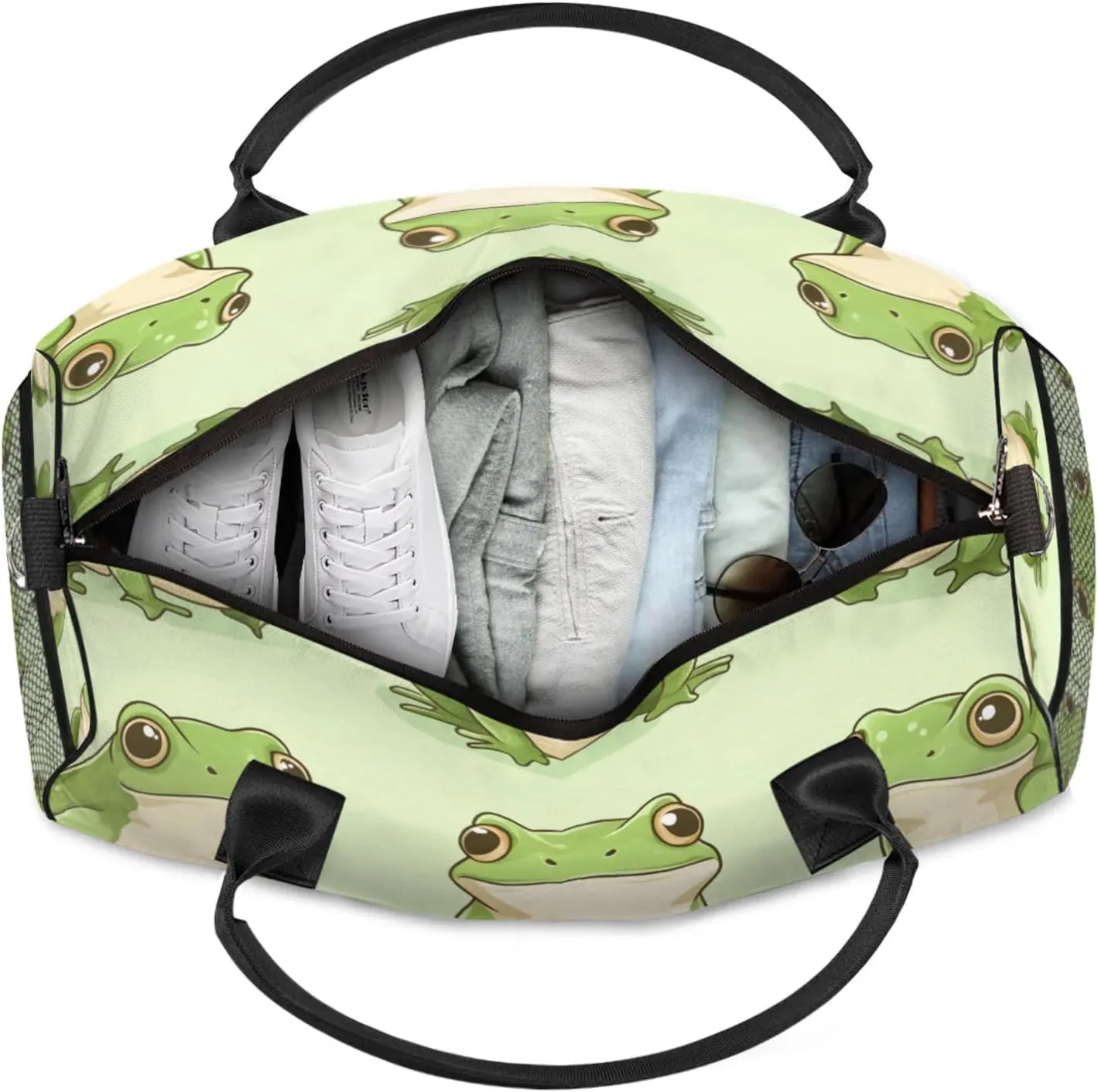 Personalized Kawaii Frogs Travel Duffel Bag with Name, Custom Gym Sport Bag Cartoon Animals Frog Carry On Weekend Overnight Duffel Bag for Men Women