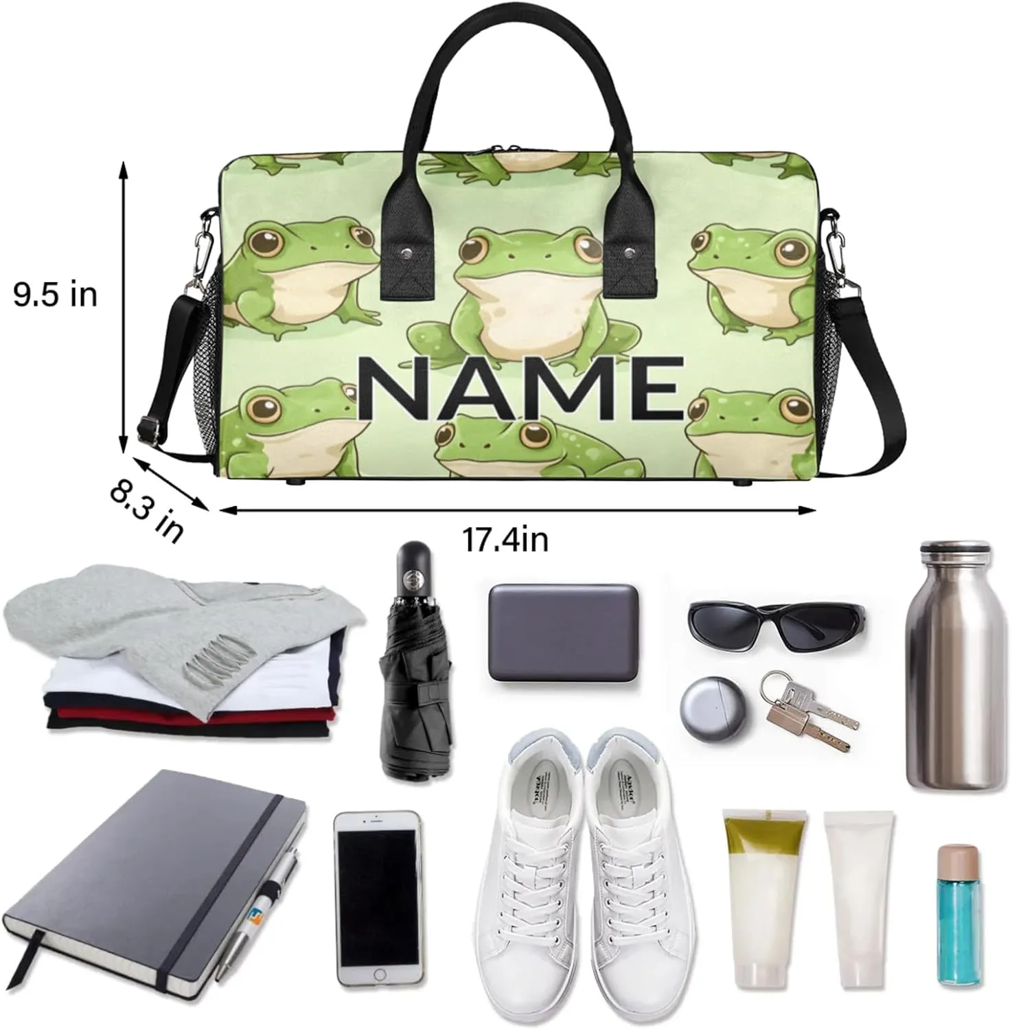 Personalized Kawaii Frogs Travel Duffel Bag with Name, Custom Gym Sport Bag Cartoon Animals Frog Carry On Weekend Overnight Duffel Bag for Men Women
