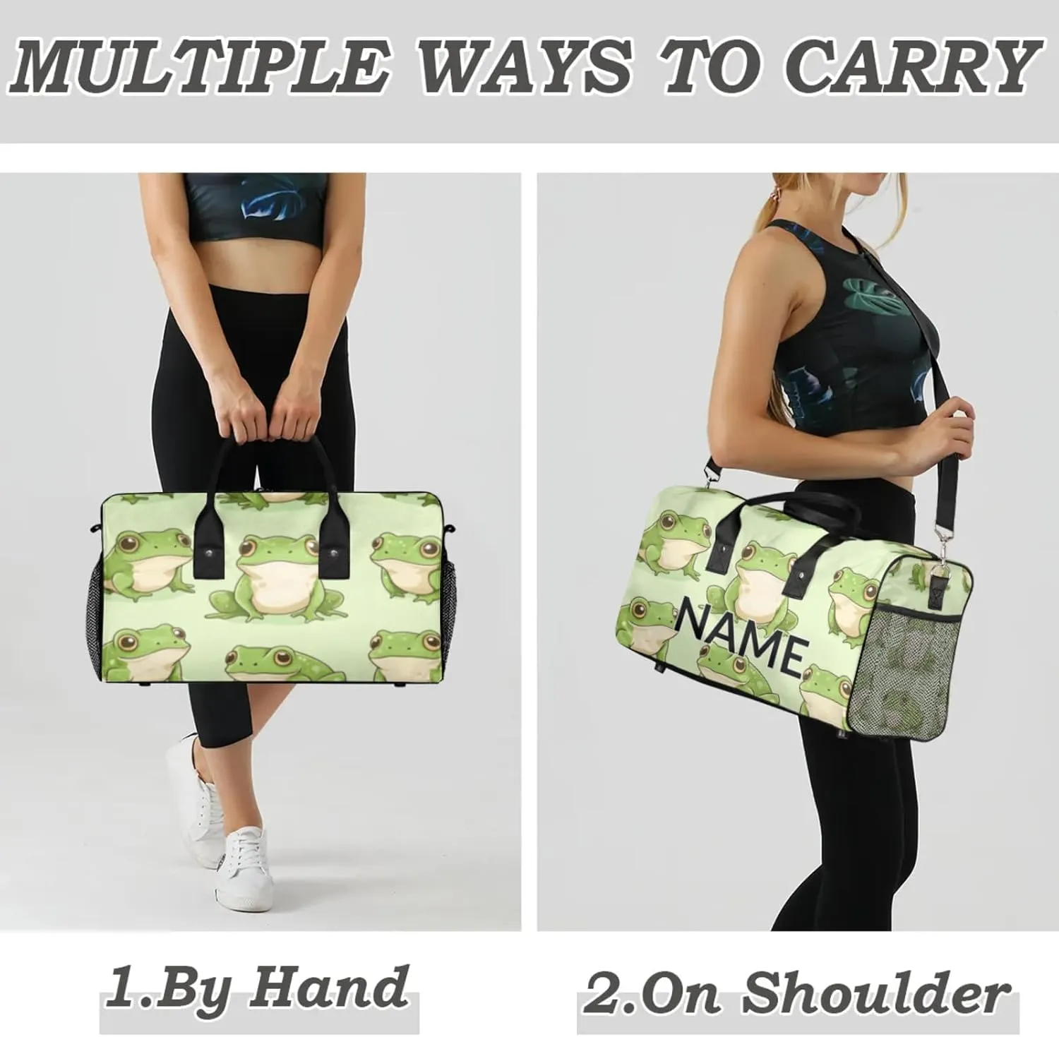 Personalized Kawaii Frogs Travel Duffel Bag with Name, Custom Gym Sport Bag Cartoon Animals Frog Carry On Weekend Overnight Duffel Bag for Men Women