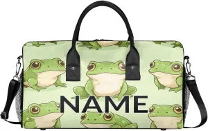 Personalized Kawaii Frogs Travel Duffel Bag with Name, Custom Gym Sport Bag Cartoon Animals Frog Carry On Weekend Overnight Duffel Bag for Men Women
