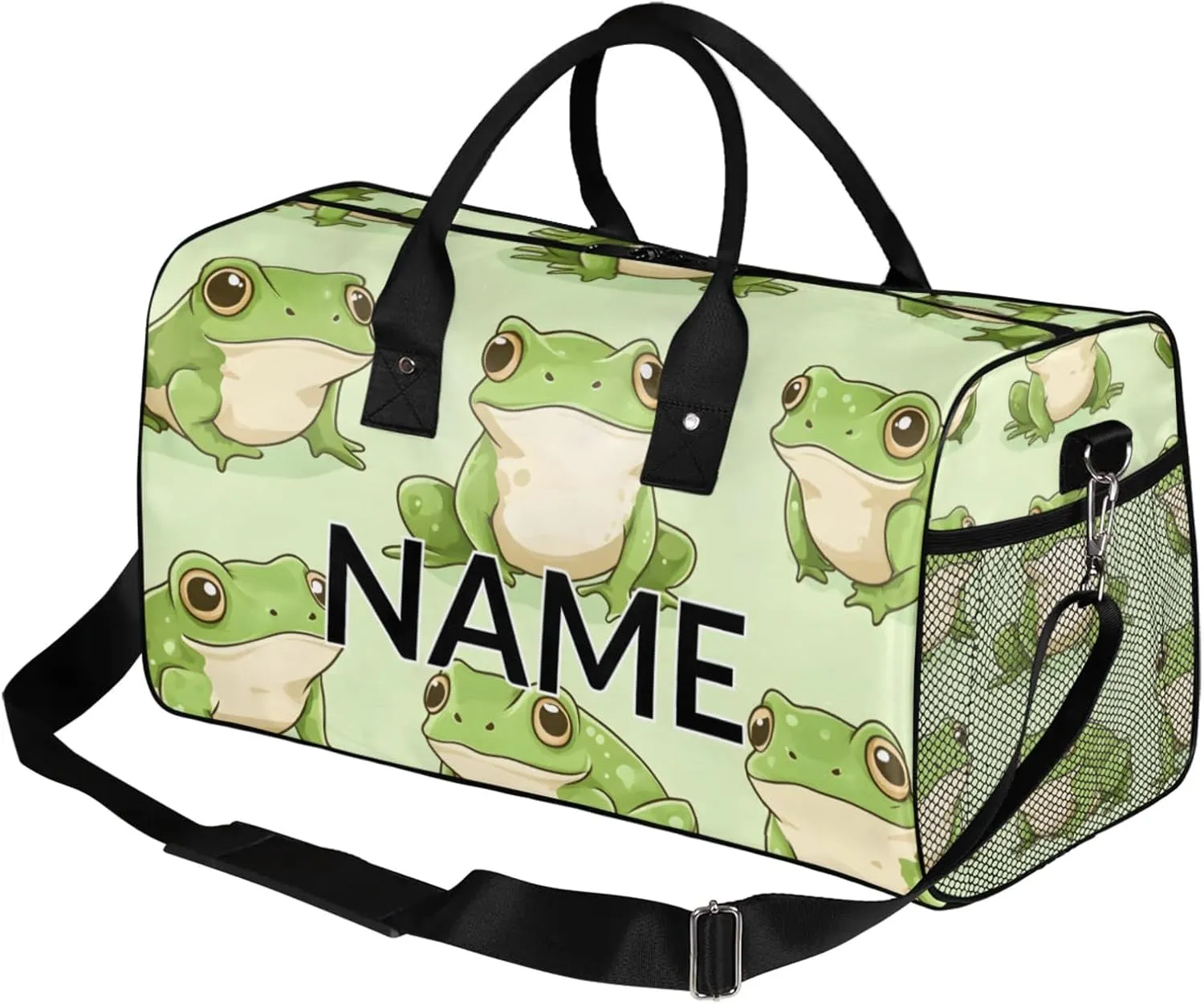 Personalized Kawaii Frogs Travel Duffel Bag with Name, Custom Gym Sport Bag Cartoon Animals Frog Carry On Weekend Overnight Duffel Bag for Men Women