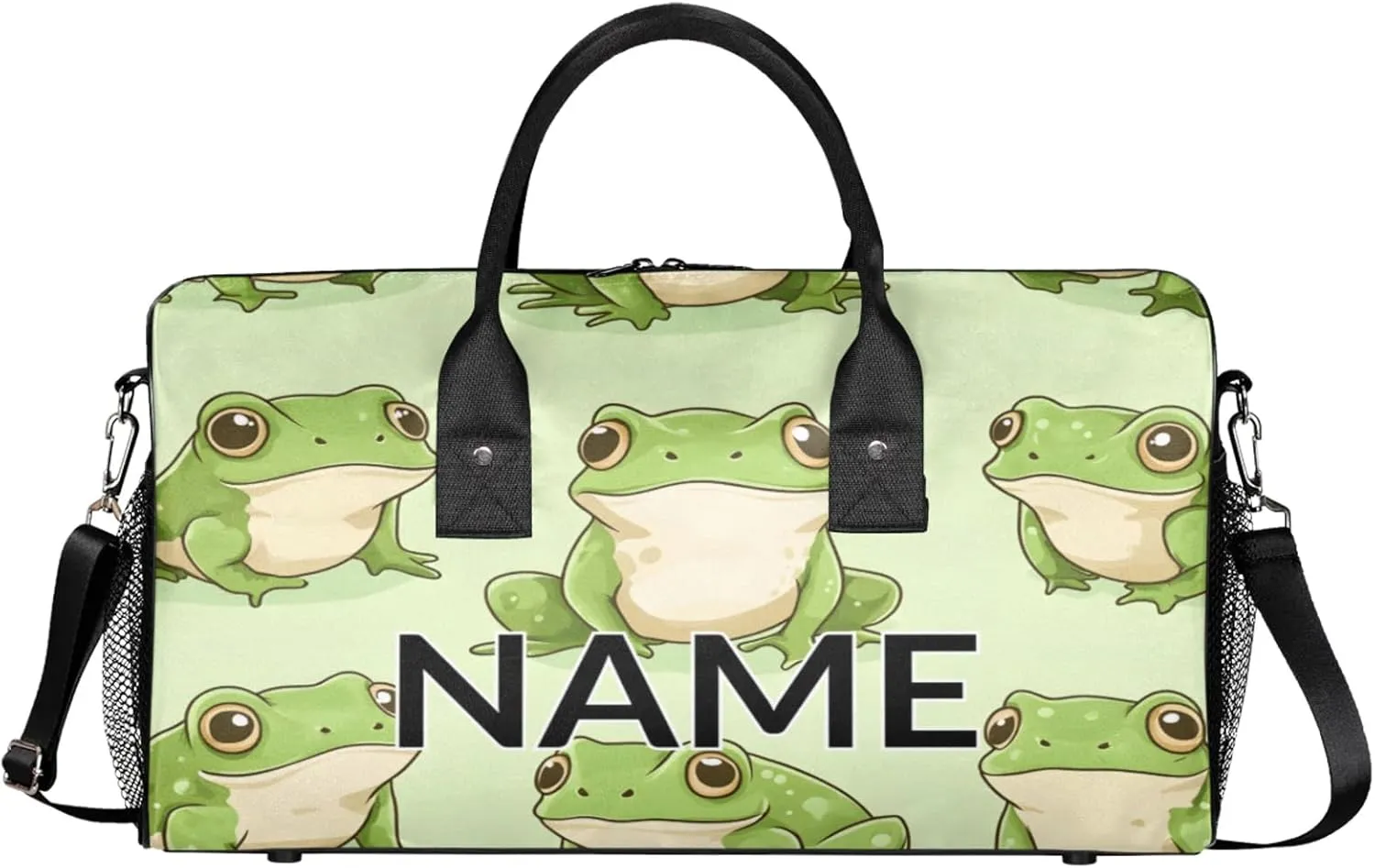 Personalized Kawaii Frogs Travel Duffel Bag with Name, Custom Gym Sport Bag Cartoon Animals Frog Carry On Weekend Overnight Duffel Bag for Men Women