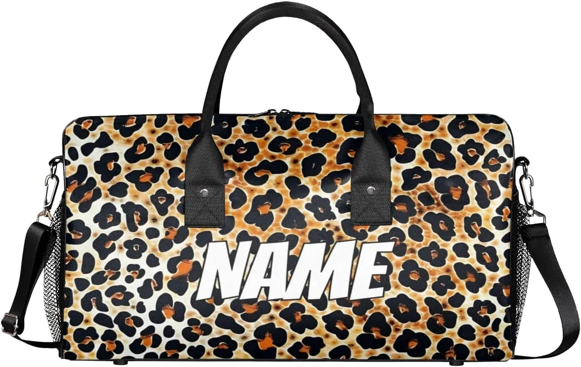 Personalized Leopard Print Travel Duffel Bag with Name, Custom Gym Sport Bag Powerful Cheetah Carry On Weekend Overnight Duffel Bag for Men Women