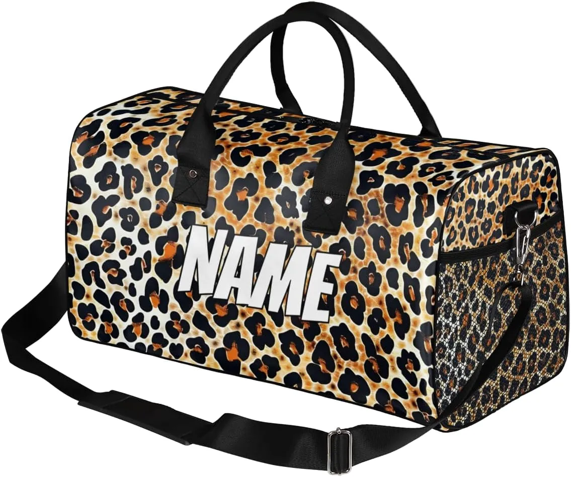 Personalized Leopard Print Travel Duffel Bag with Name, Custom Gym Sport Bag Powerful Cheetah Carry On Weekend Overnight Duffel Bag for Men Women