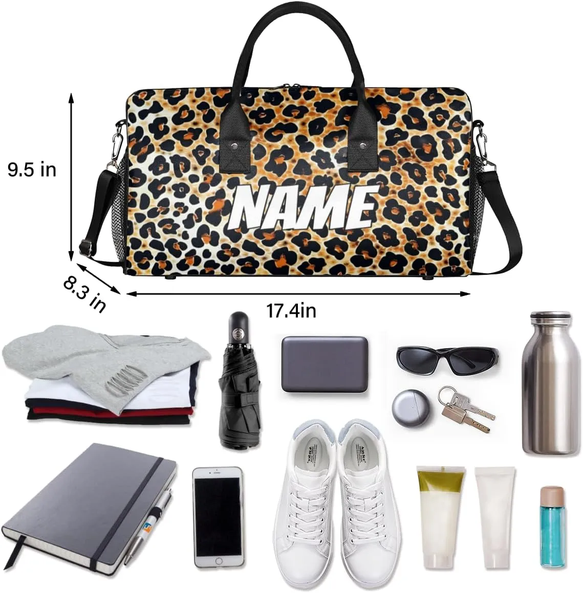 Personalized Leopard Print Travel Duffel Bag with Name, Custom Gym Sport Bag Powerful Cheetah Carry On Weekend Overnight Duffel Bag for Men Women