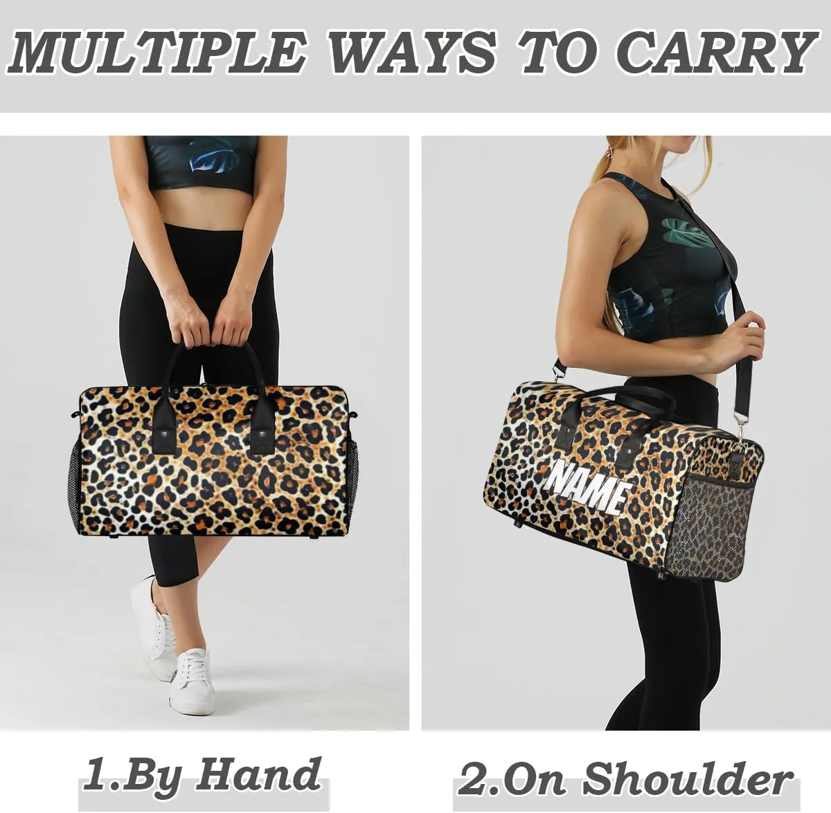 Personalized Leopard Print Travel Duffel Bag with Name, Custom Gym Sport Bag Powerful Cheetah Carry On Weekend Overnight Duffel Bag for Men Women