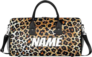 Personalized Leopard Print Travel Duffel Bag with Name, Custom Gym Sport Bag Powerful Cheetah Carry On Weekend Overnight Duffel Bag for Men Women