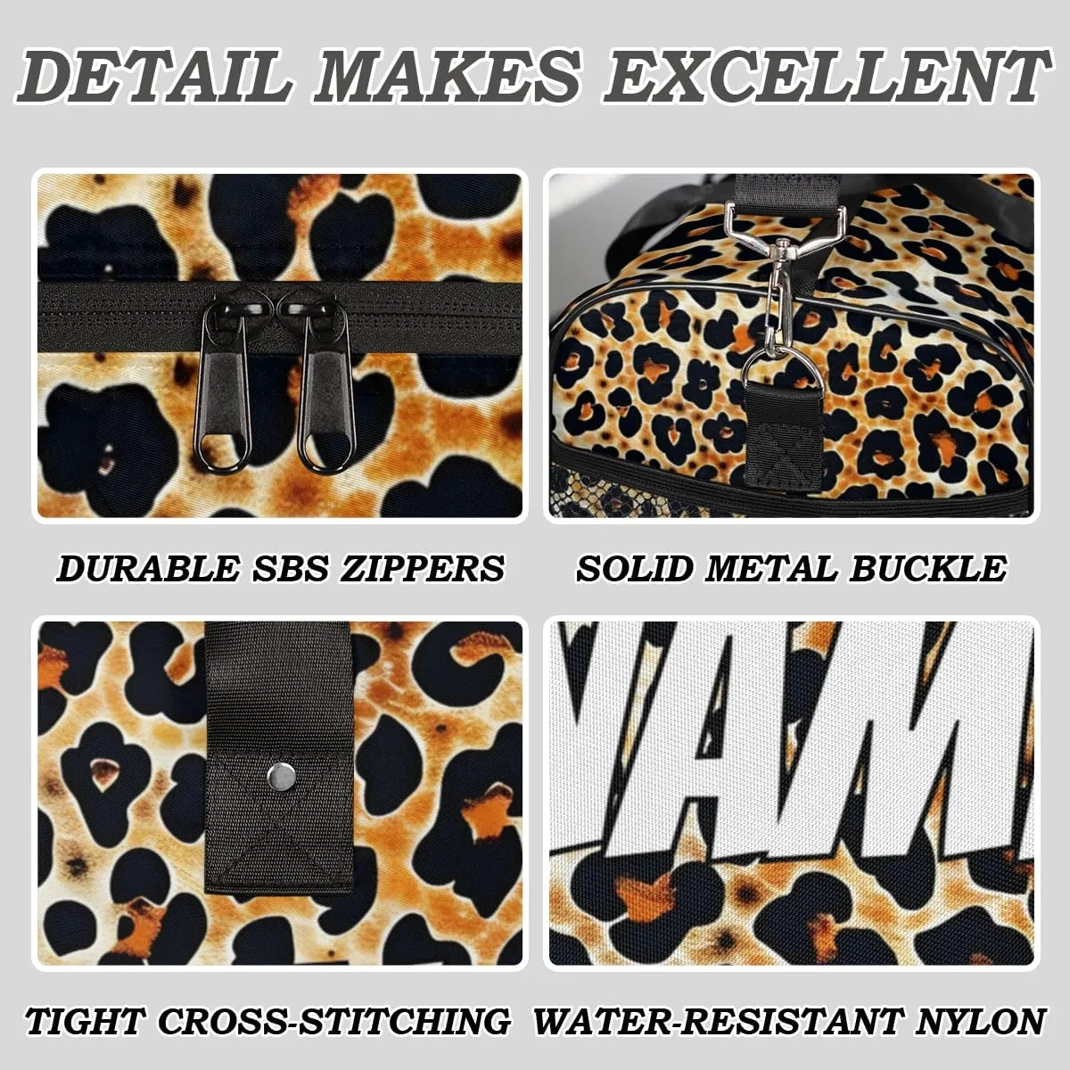 Personalized Leopard Print Travel Duffel Bag with Name, Custom Gym Sport Bag Powerful Cheetah Carry On Weekend Overnight Duffel Bag for Men Women