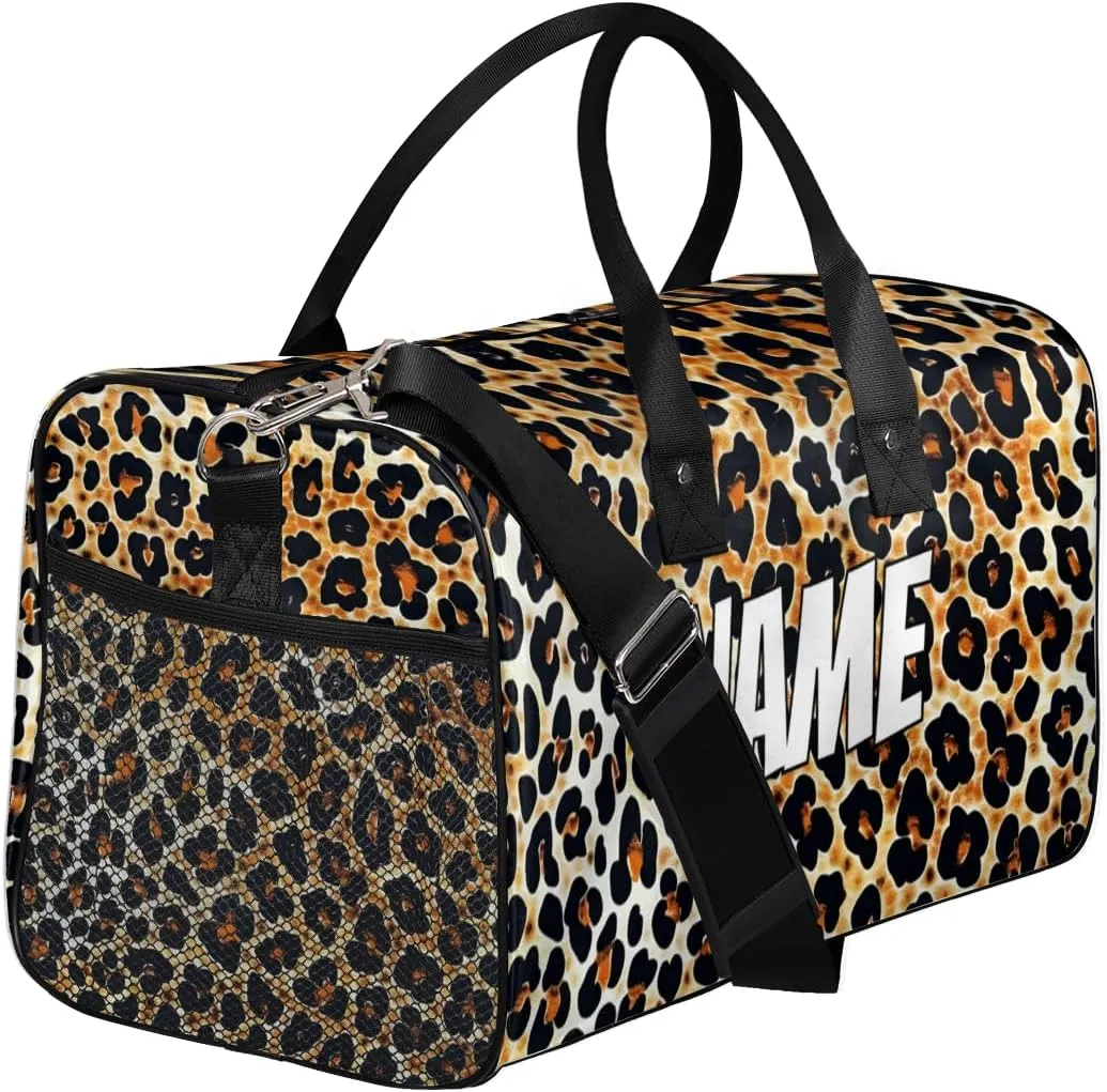 Personalized Leopard Print Travel Duffel Bag with Name, Custom Gym Sport Bag Powerful Cheetah Carry On Weekend Overnight Duffel Bag for Men Women