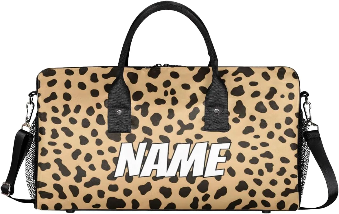 Personalized Leopard Print Travel Duffel Bag with Name, Custom Gym Sport Bag Wildlife Animal Skin Carry On Weekend Overnight Duffel Bag for Men Women