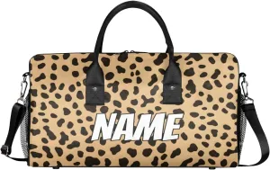 Personalized Leopard Print Travel Duffel Bag with Name, Custom Gym Sport Bag Wildlife Animal Skin Carry On Weekend Overnight Duffel Bag for Men Women