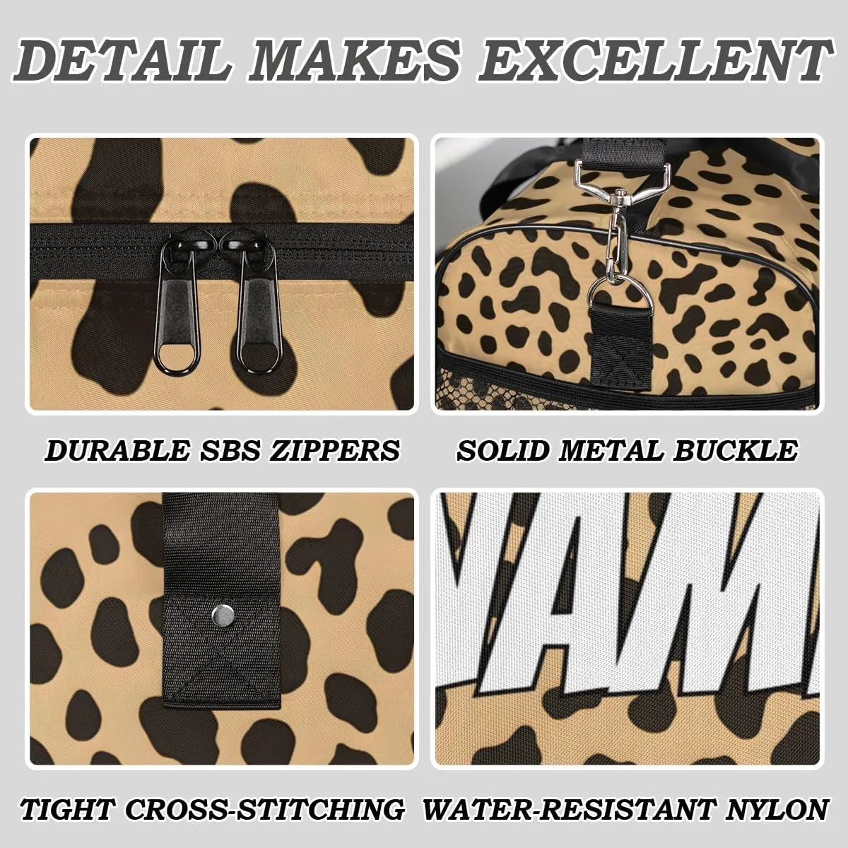 Personalized Leopard Print Travel Duffel Bag with Name, Custom Gym Sport Bag Wildlife Animal Skin Carry On Weekend Overnight Duffel Bag for Men Women