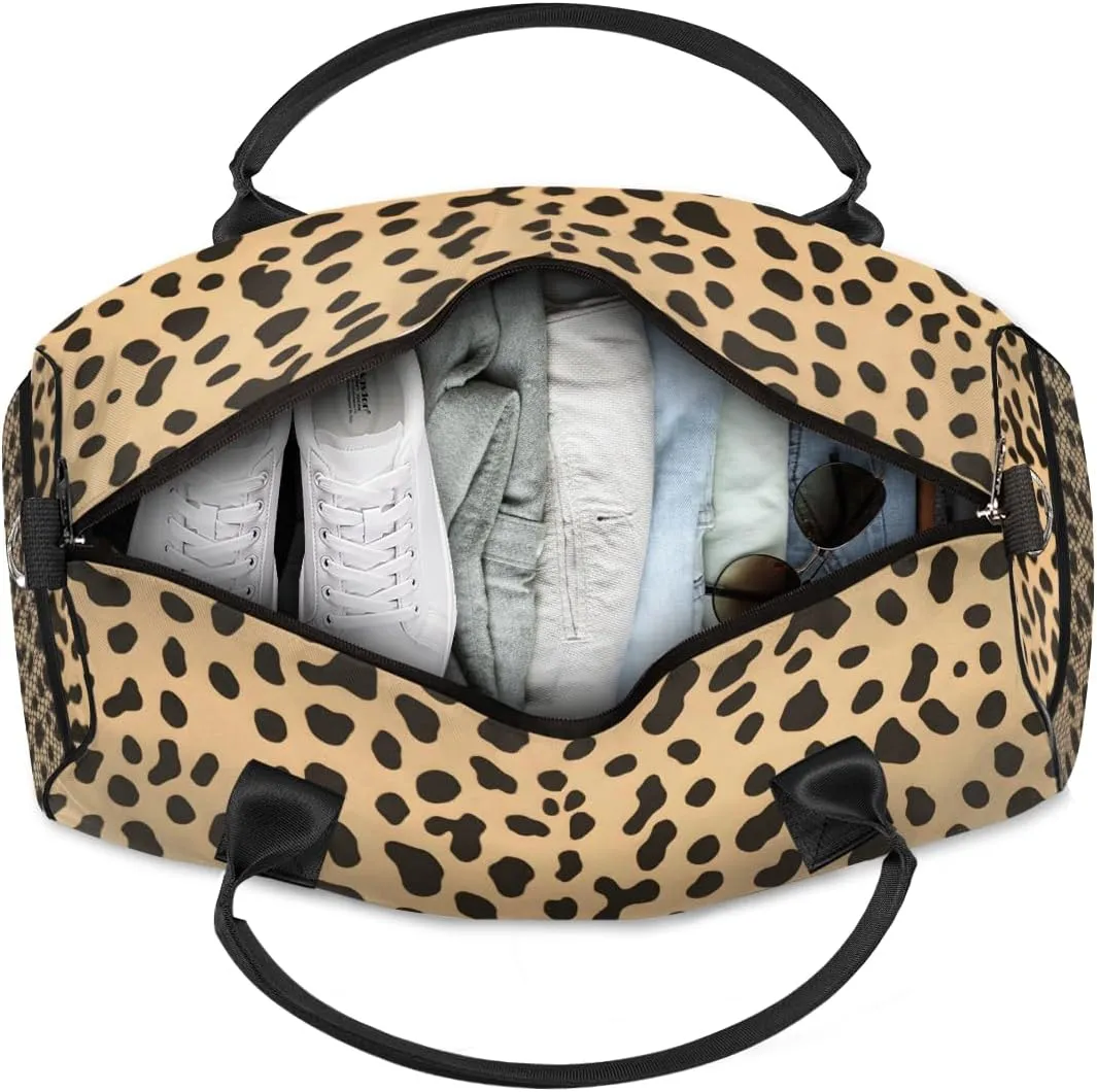 Personalized Leopard Print Travel Duffel Bag with Name, Custom Gym Sport Bag Wildlife Animal Skin Carry On Weekend Overnight Duffel Bag for Men Women