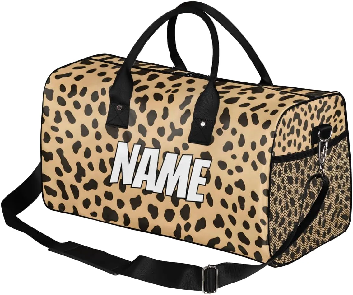 Personalized Leopard Print Travel Duffel Bag with Name, Custom Gym Sport Bag Wildlife Animal Skin Carry On Weekend Overnight Duffel Bag for Men Women
