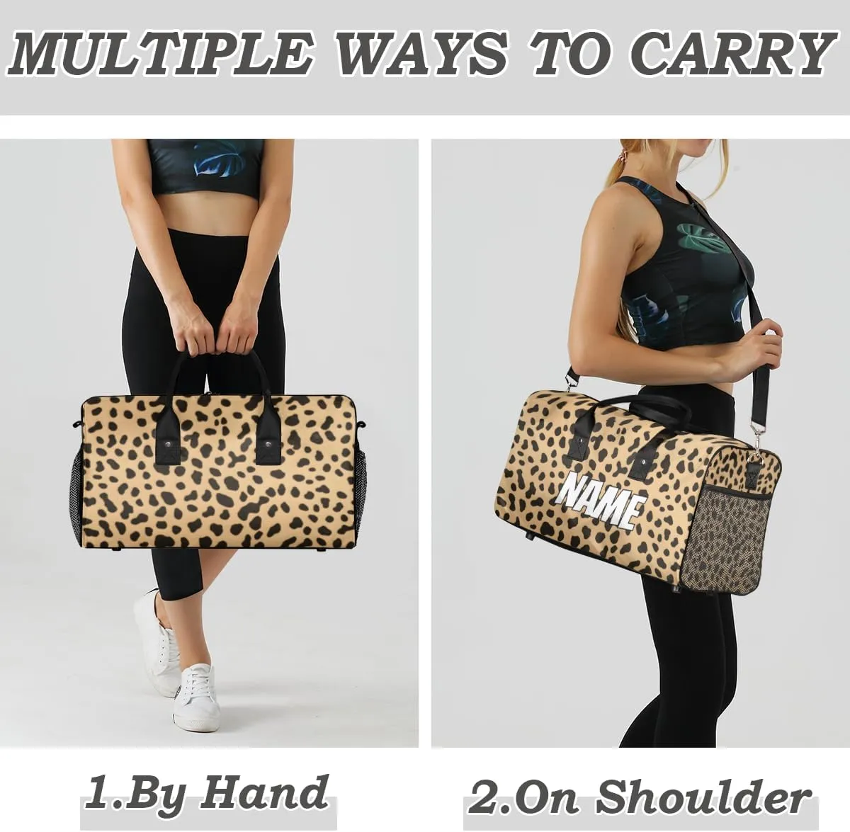 Personalized Leopard Print Travel Duffel Bag with Name, Custom Gym Sport Bag Wildlife Animal Skin Carry On Weekend Overnight Duffel Bag for Men Women