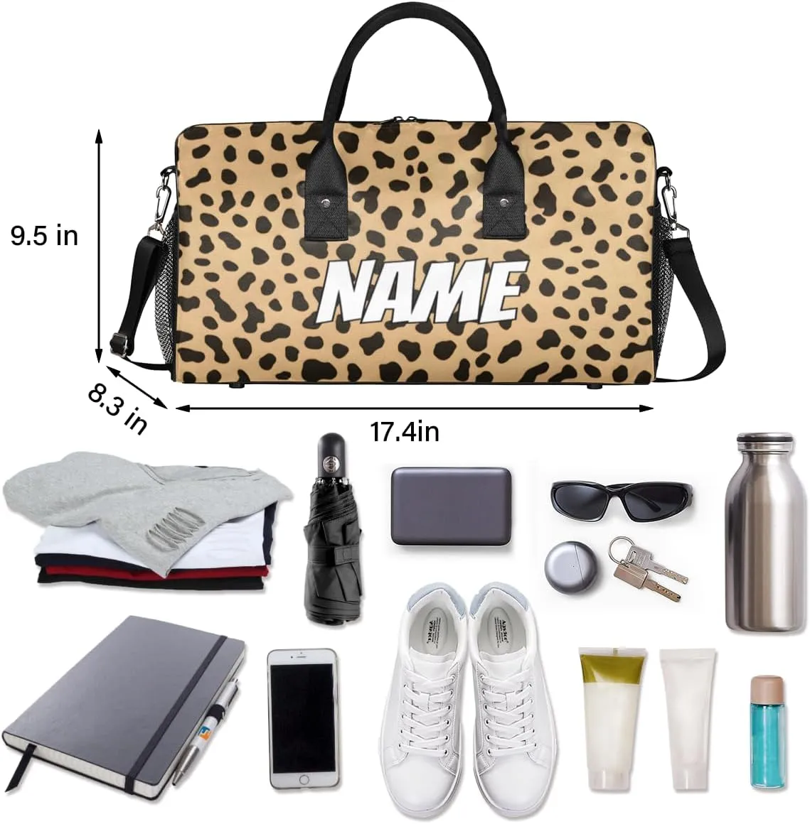 Personalized Leopard Print Travel Duffel Bag with Name, Custom Gym Sport Bag Wildlife Animal Skin Carry On Weekend Overnight Duffel Bag for Men Women