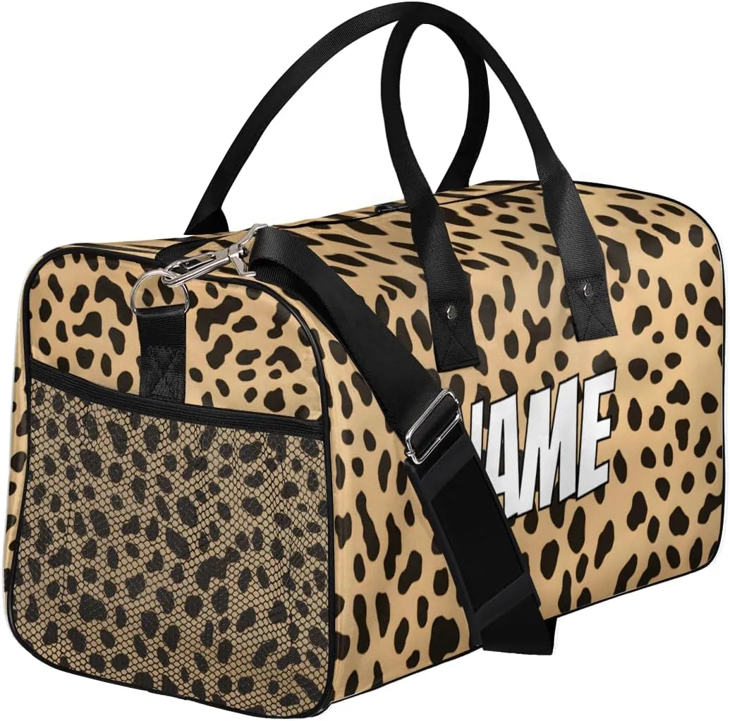 Personalized Leopard Print Travel Duffel Bag with Name, Custom Gym Sport Bag Wildlife Animal Skin Carry On Weekend Overnight Duffel Bag for Men Women