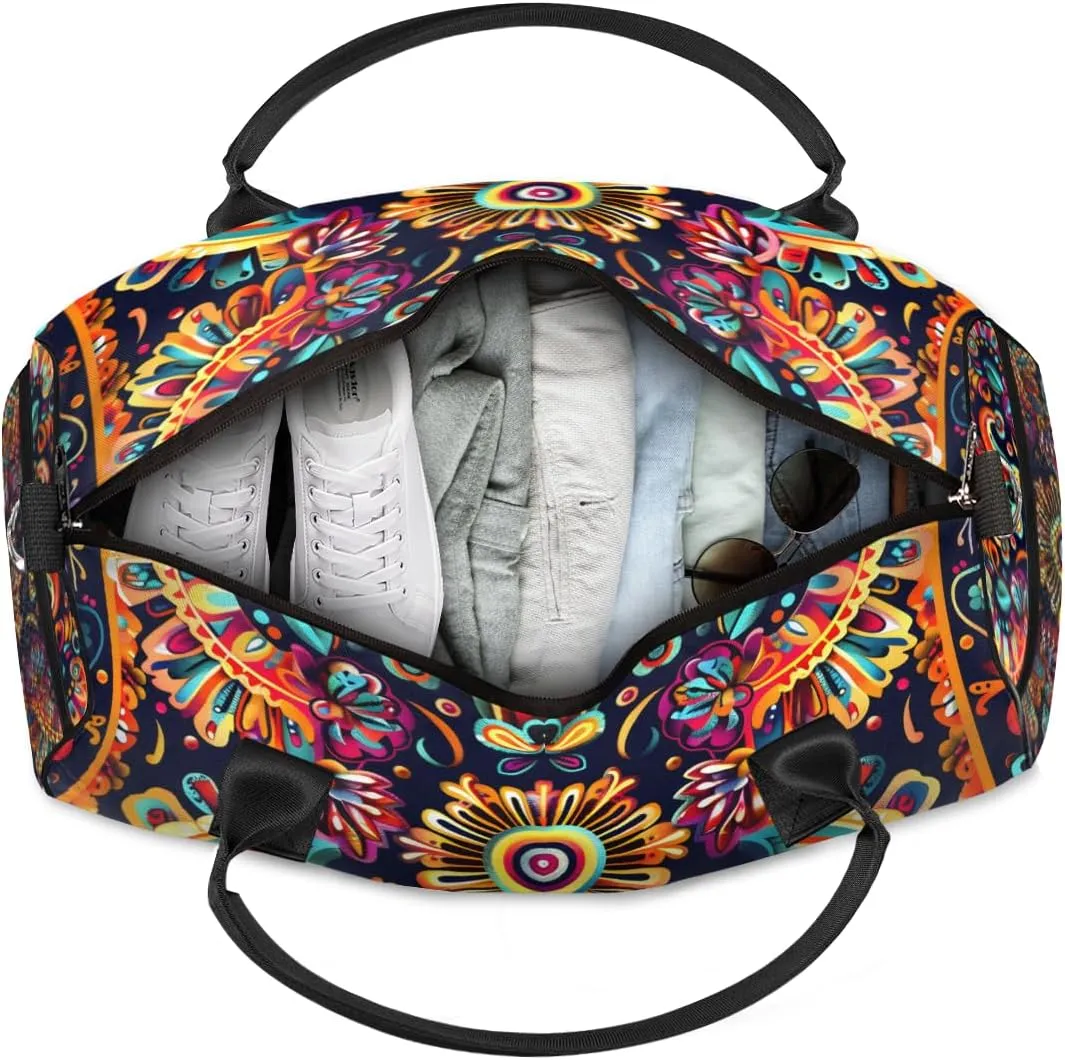 Personalized Mexica Flower Travel Duffel Bag with Name, Custom Gym Sport Bag Boho Floral Carry On Weekend Overnight Duffel Bag for Men Women