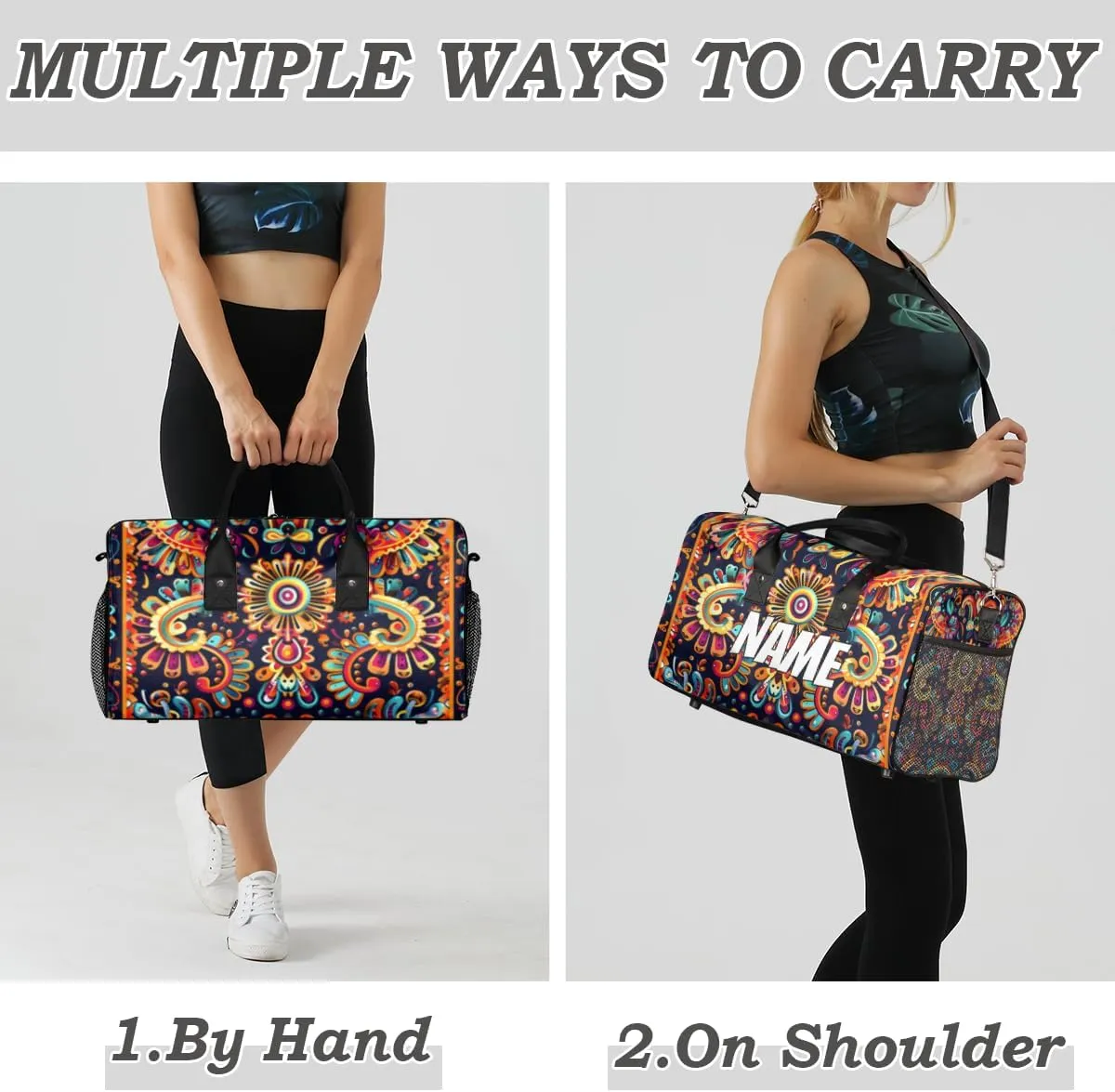 Personalized Mexica Flower Travel Duffel Bag with Name, Custom Gym Sport Bag Boho Floral Carry On Weekend Overnight Duffel Bag for Men Women