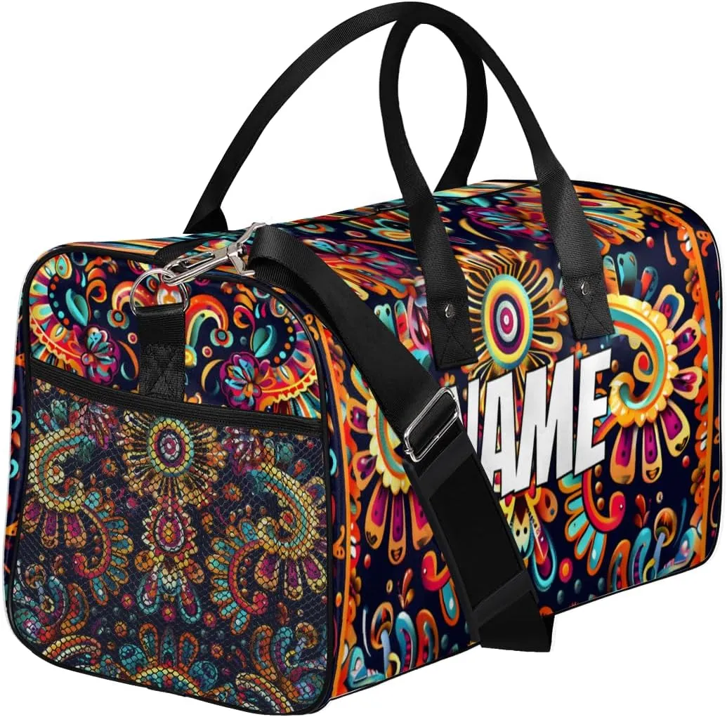 Personalized Mexica Flower Travel Duffel Bag with Name, Custom Gym Sport Bag Boho Floral Carry On Weekend Overnight Duffel Bag for Men Women