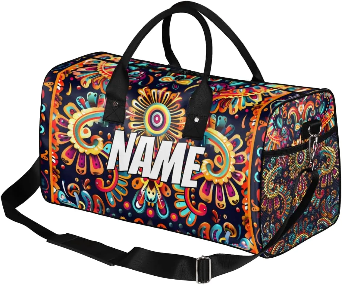 Personalized Mexica Flower Travel Duffel Bag with Name, Custom Gym Sport Bag Boho Floral Carry On Weekend Overnight Duffel Bag for Men Women