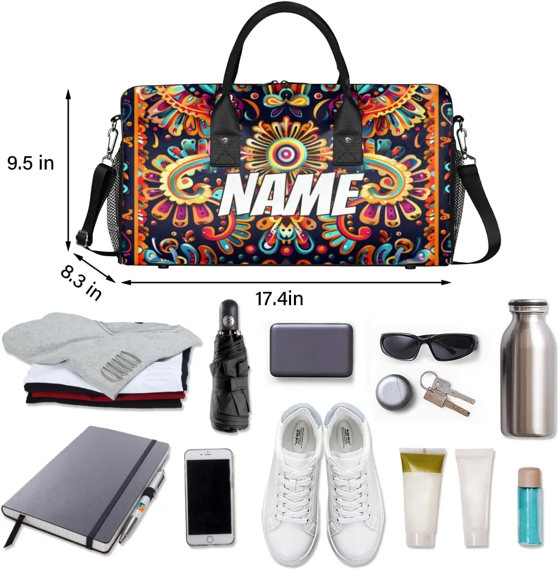 Personalized Mexica Flower Travel Duffel Bag with Name, Custom Gym Sport Bag Boho Floral Carry On Weekend Overnight Duffel Bag for Men Women